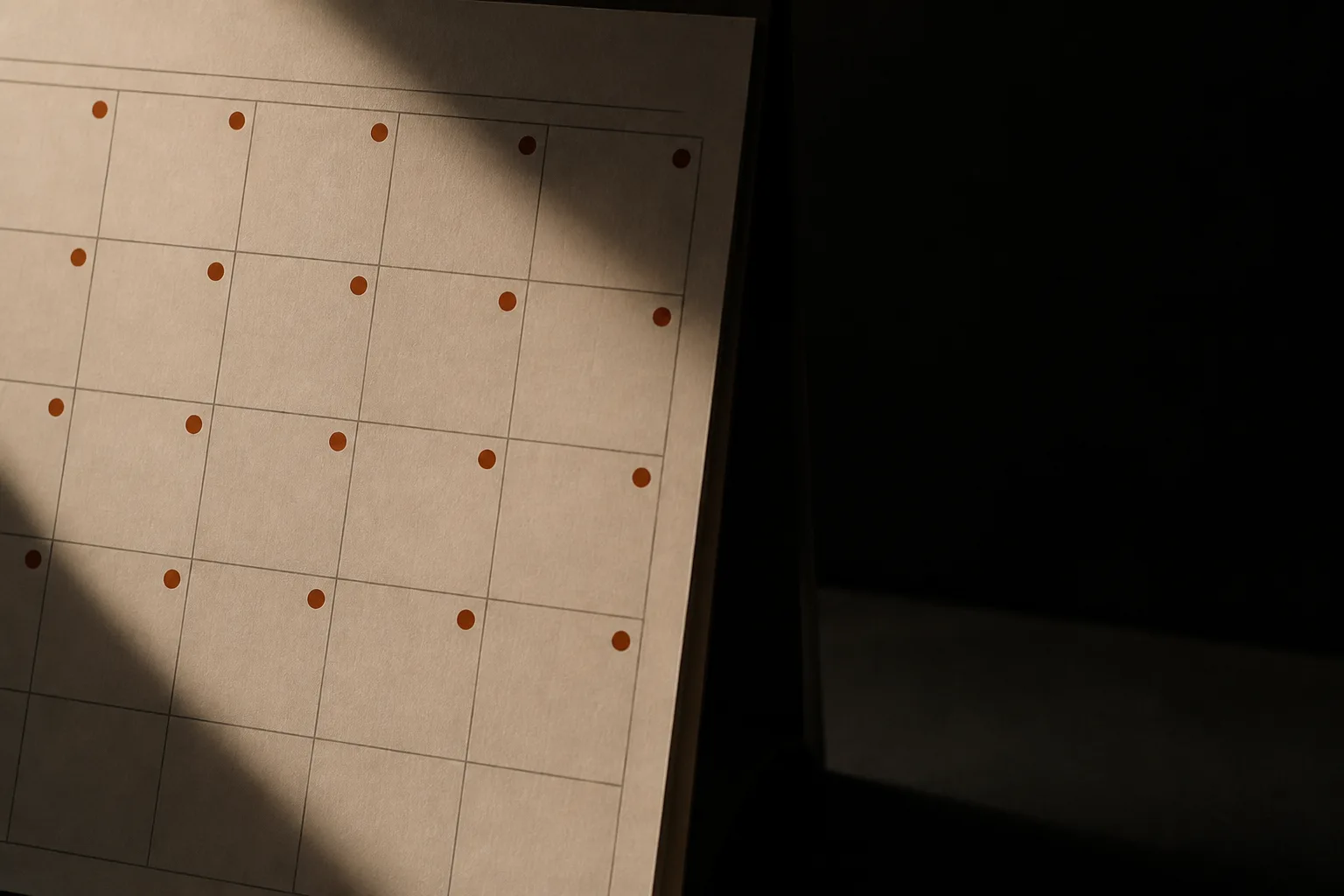 Calendario mensual impreso en papel mate con marcas regulares en tinta terracota