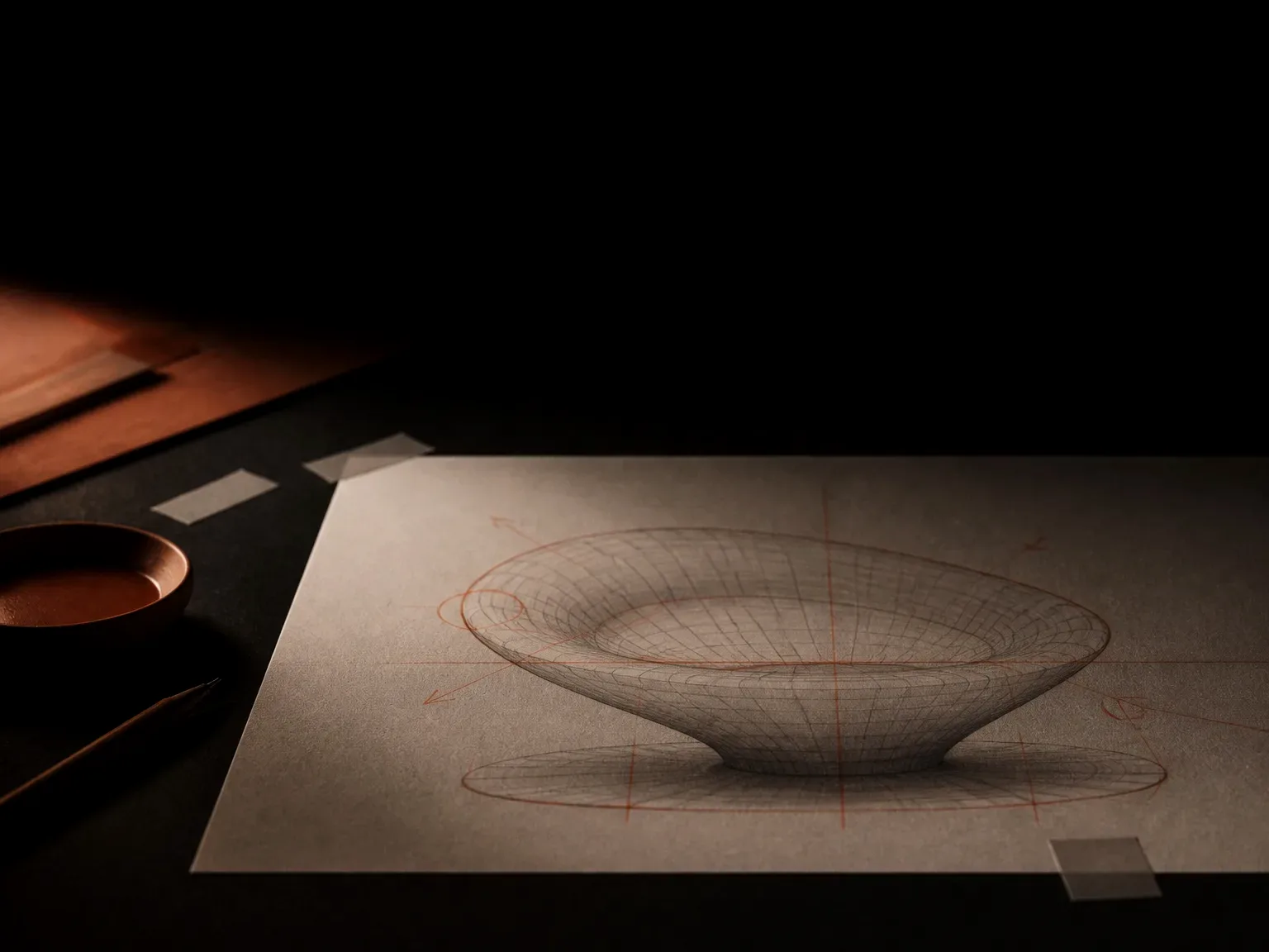 Impresión de un wireframe en gris con marcas de corrección en tinta terracota