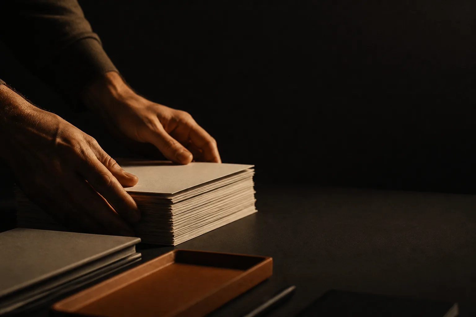 Dos manos escuadrando una pila de documentos sobre un escritorio oscuro